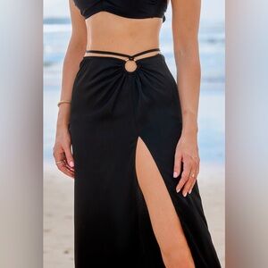 Black Satin Weave Front Slit Midi Sarong